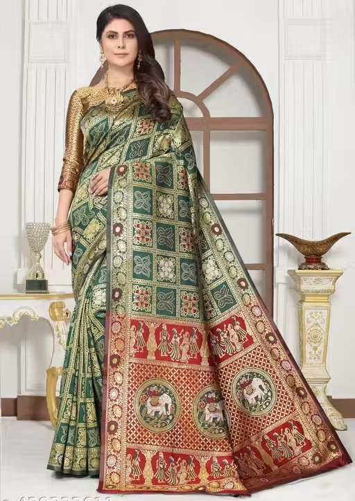 1 (2) Elephant Patola Green Saree - Image 1