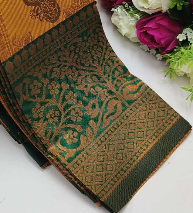 F.GOLD-BT.GREEN (1) Checks–Peacock F. Gold BT. Green Saree - Image 1