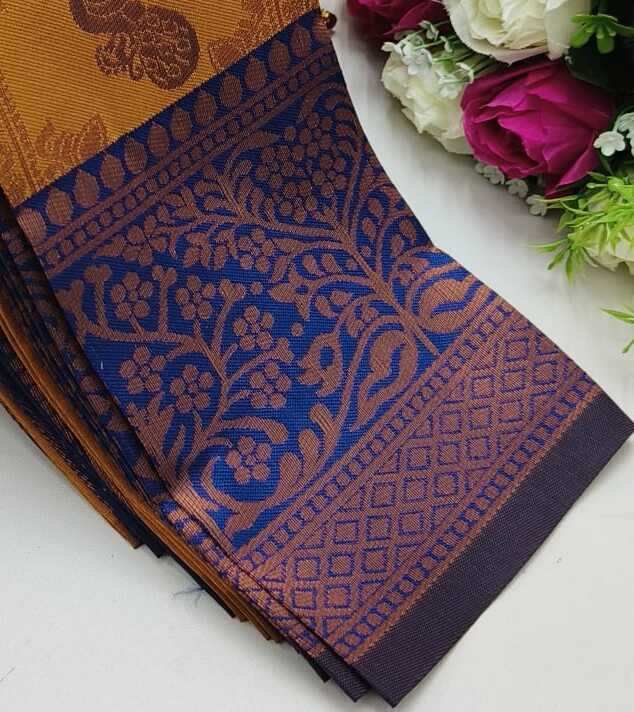 F.GOLD-N.BLUE (1) Checks–Peacock F. Gold N. Blue Saree - Image 1