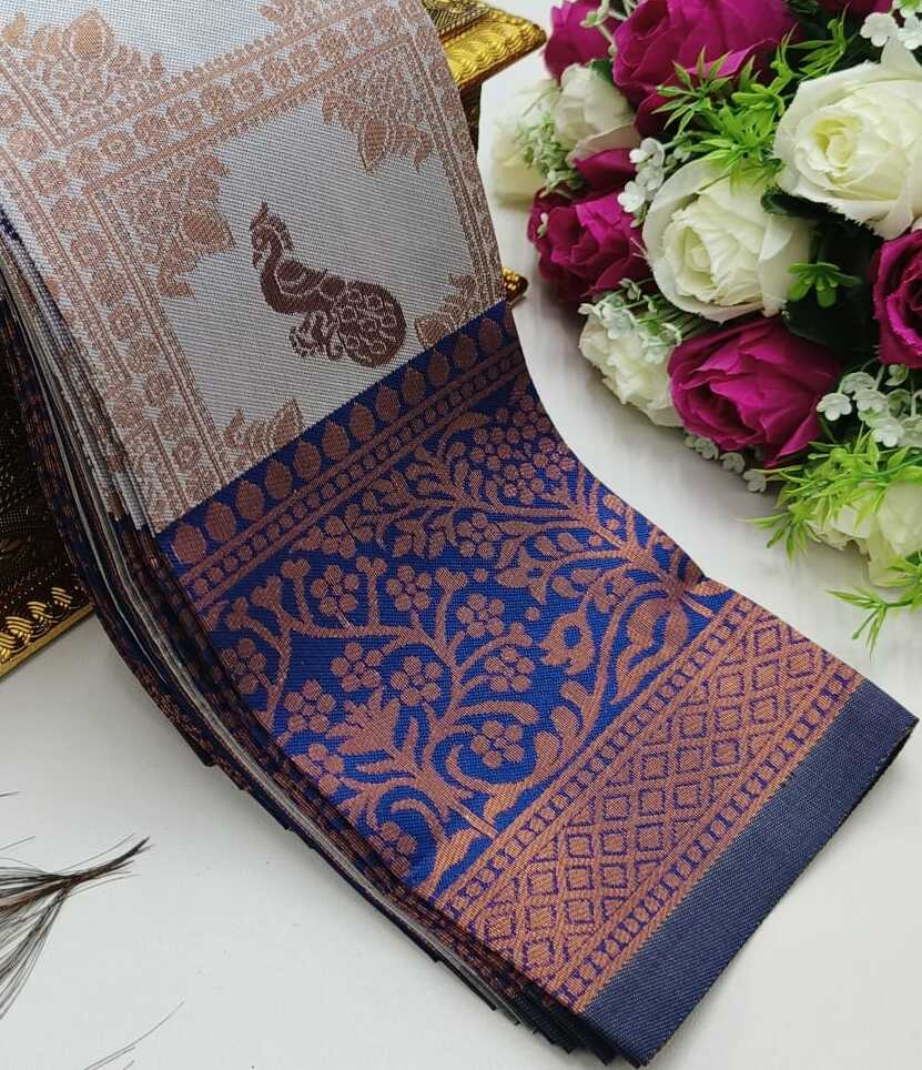 IVORY-N.BLUE (2) Checks–Peacock Ivory N. Blue Saree - Image 1