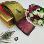 Checks–Peacock Lemon Wine Saree - Image 3